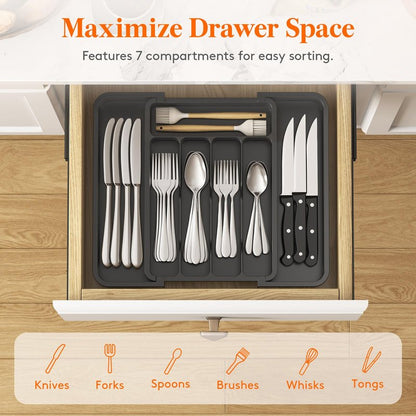 Lifewit Silverware Drawer Organizer, Expandable Utensil Tray for Kitchen, BPA Free Flatware and Cutlery Holder, Adjustable Plastic Storage for Spoons Forks Knives, 8.9-14.7 x 12.2", Gray