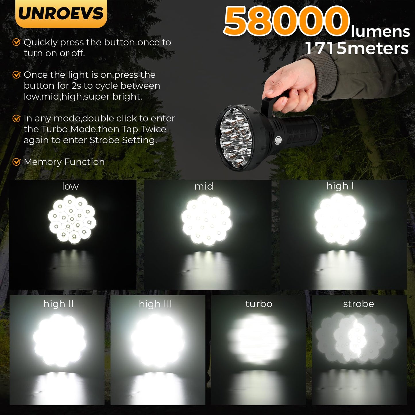 W322-1 Brightest Flashlight 58000 Lumens,Super Bright Flashlight with 16 pcs Cree XHP50.3 LEDs,High Powered Flash Light Long Beam 1715 Meters,Most Powerful Light for Caving,Search,Rescue .(Small)