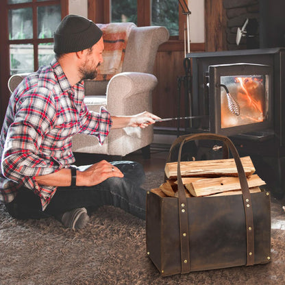 Woodman's Premium Cowhide Leather Log Carrier, Handcrafted Heavy-Duty Firewood Bag for Outdoor Camping, BBQ