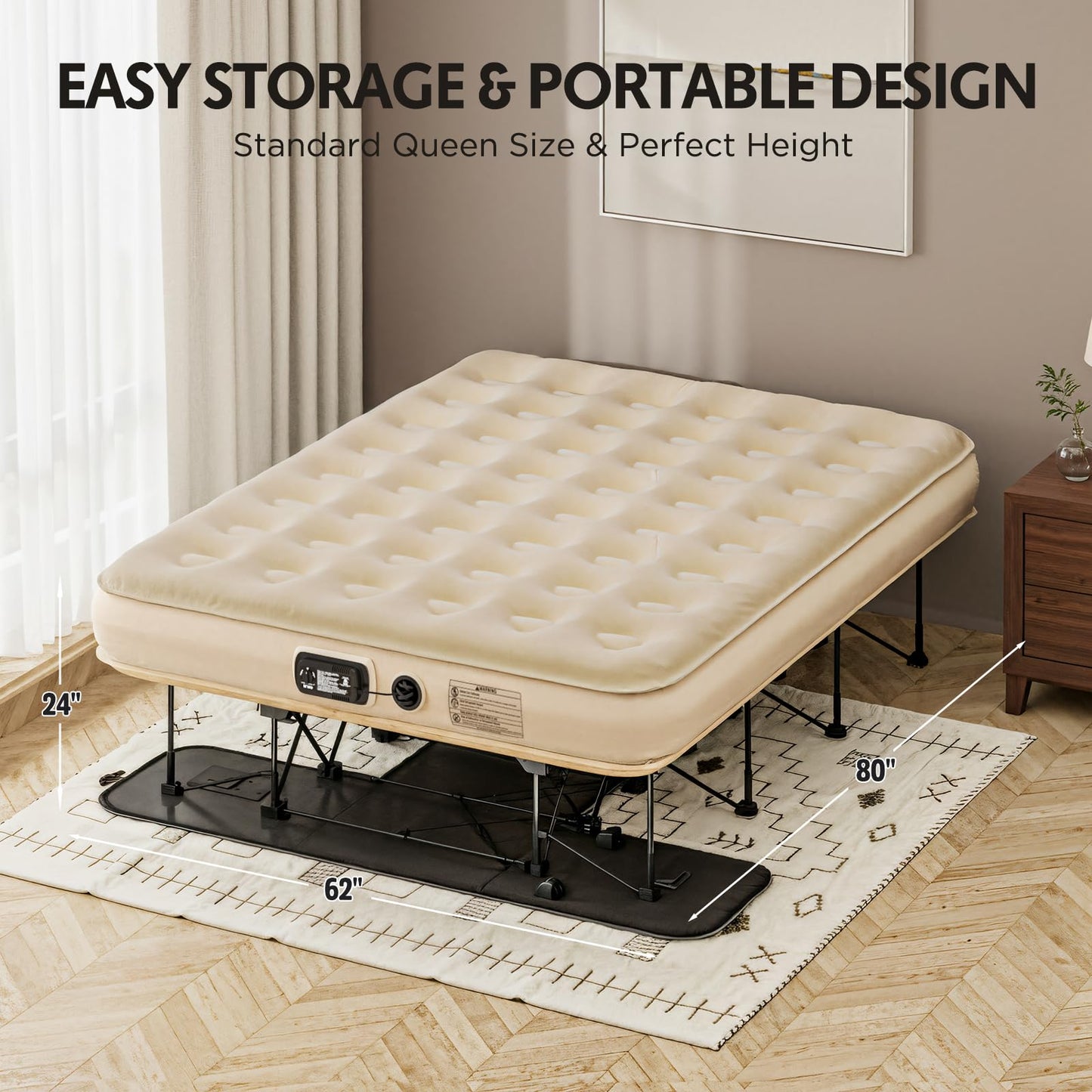 Simpli Comfy Queen EZ Bed Self-Inflating Air Mattress with Built-in Frame, Pump and Wheeled Case, Blow Up Inflatable Rolling Air Bed on Wheels