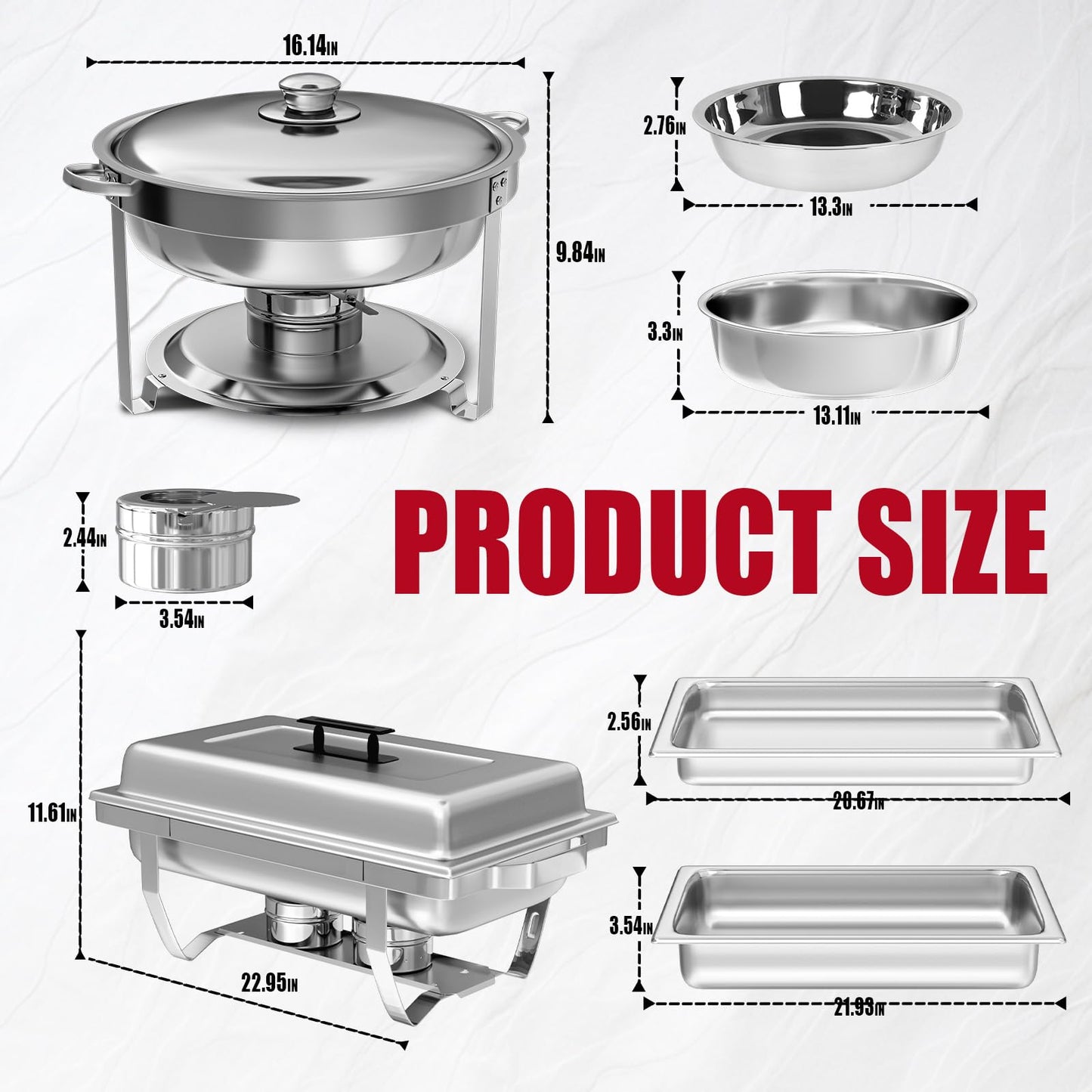 IMACONE Chafing Dish Buffet Set 4 Pack, 8 QT Rectangle & 5QT Round Stainless Steel Chafer for Catering, Chafers and Buffet Warmer Sets w/Food & Water Pan, Lid, Fuel Holder for Event Party Holiday