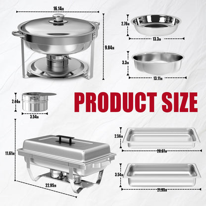 IMACONE Chafing Dish Buffet Set 4 Pack, 8 QT Rectangle & 5QT Round Stainless Steel Chafer for Catering, Chafers and Buffet Warmer Sets w/Food & Water Pan, Lid, Fuel Holder for Event Party Holiday