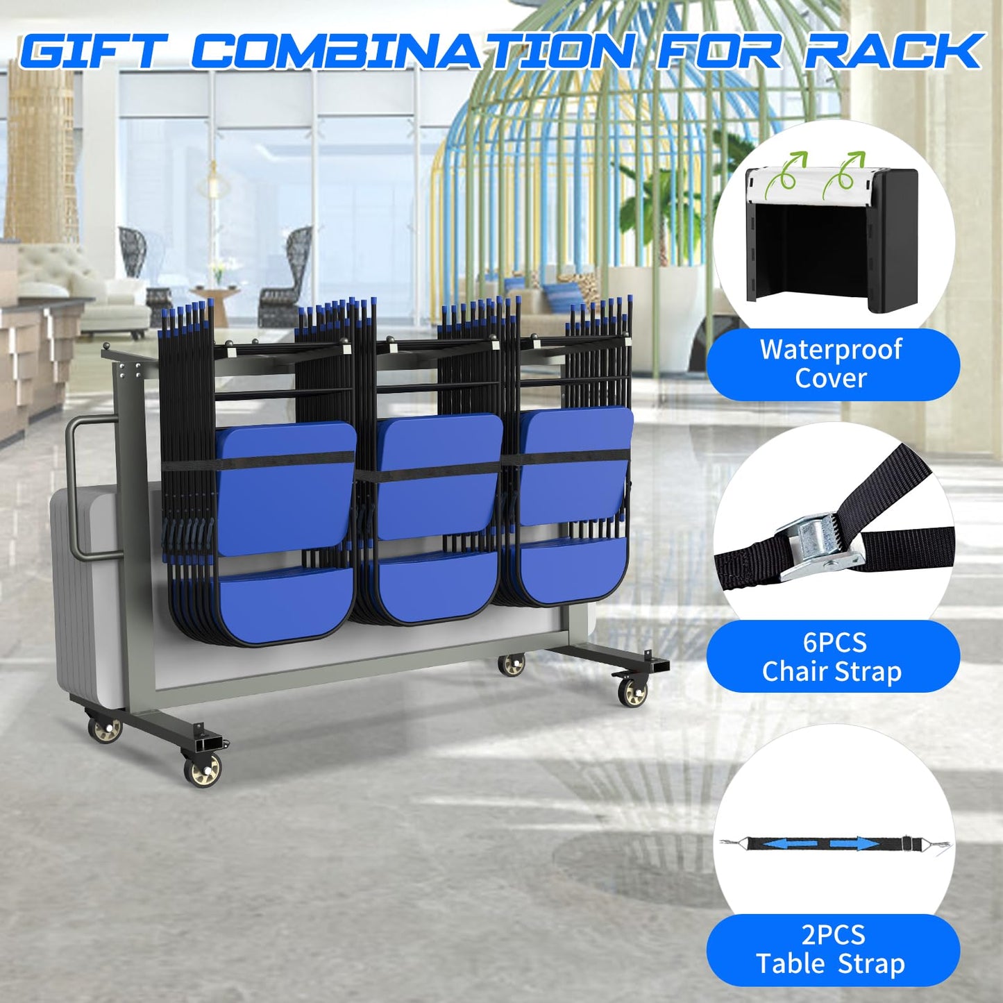 Grey Folding Chair and Table Cart-400LBS Weight Capacity Folding Chair Dolly with 4In Swivel Wheels Make Storing and Transporting Chairs Easy Chair Storage Rack with Straps and Cover to Space Saving