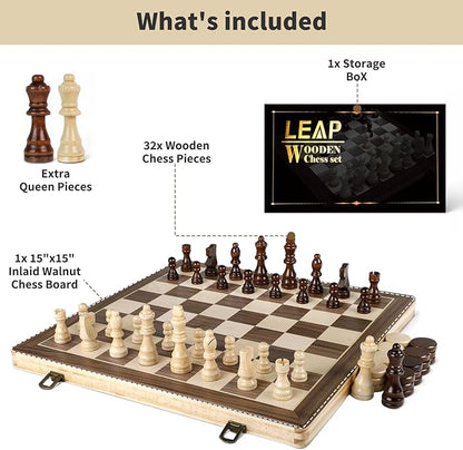 LEAP Wooden Chess and Checker Sets - 15 Walnut &amp Maple Folding Chess Board with 2 Extra Queens | Chess Board Set | Wooden Chess Sets for Adults