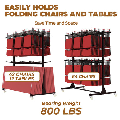 Heavy-Duty Folding Chair Cart, Holds Up to 84 Chairs or 12 Tables, 800 lbs Capacity, 4 Swivel Wheels, Adjustable Storage Rack, Includes 2 Tie-Down Ropes & Dust Cover for Banquets, Churches, Schools