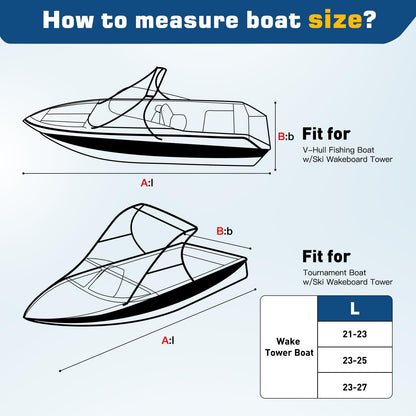 Mionovity Wake Tower Boat Cover, Wakeboard Tower Boat Cover - 900D Marine Heavy Duty Waterproof Boat Cover, Fits Fits V Hull Runabout Ski-Boats, 23-25ft, Gray