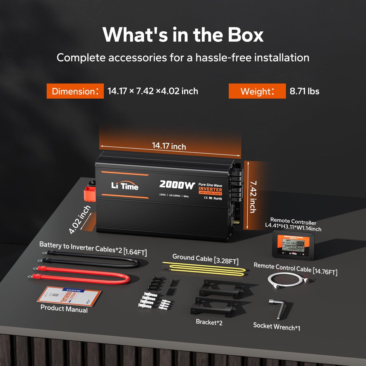 Litime 2000W Pure Sine Wave RV Inverter with 20ms Automatic Transfer Switch (ATS), 12V DC to 120V AC Converter for RV, Truck, Home, Camping - 4000W Surge Power, Remote Monitoring, USB & Type-C