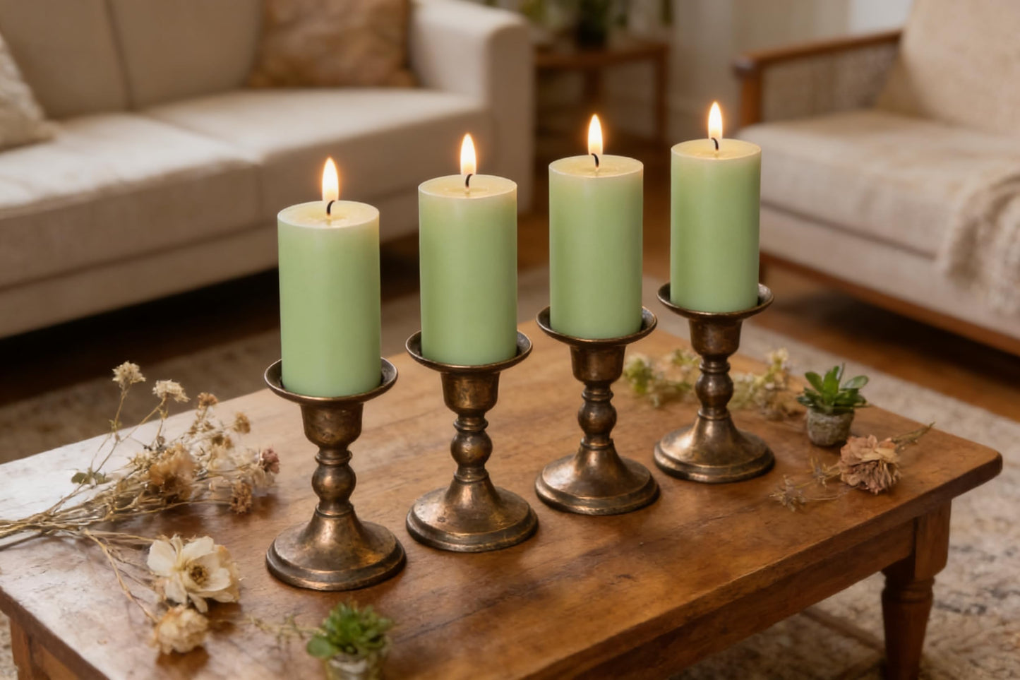 4 Pack Sage-Green Pillar Candles, 2x4 Inch, Long-Lasting, Dripless and Smokeless Unscented Candles, Ideal for Home Décor, Parties Weddings and Relaxation