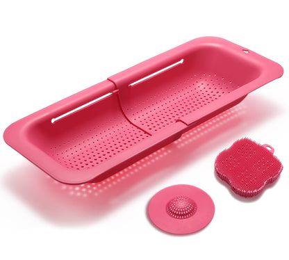 Over the Sink Strainer Basket for Kitchen, Vegetables, Fruits, Pasta Collapsible Colander, 14.5"-19.5", Brilliant Rose, Dishwasher Safe