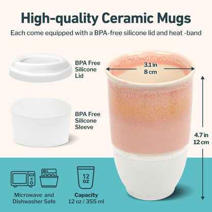 NOVA CERAMICS Travel Mug - Travel Coffee Mug – Iced Coffee Cup Unique to Go Mug – Microwave & Dishwasher Safe Coffee Pink Tumbler - Gifts for Women Men Him Her – 12oz – Afterglow