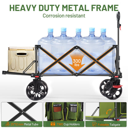 Timber Ridge 47" L Collapsible Wagon with Tailgate & Brake, 300 lbs Heavy Duty Beach Wagon with All-Terrain Big Wheels, 250L Foldable Utility Cart for Sand Camping Sports Shopping, Green