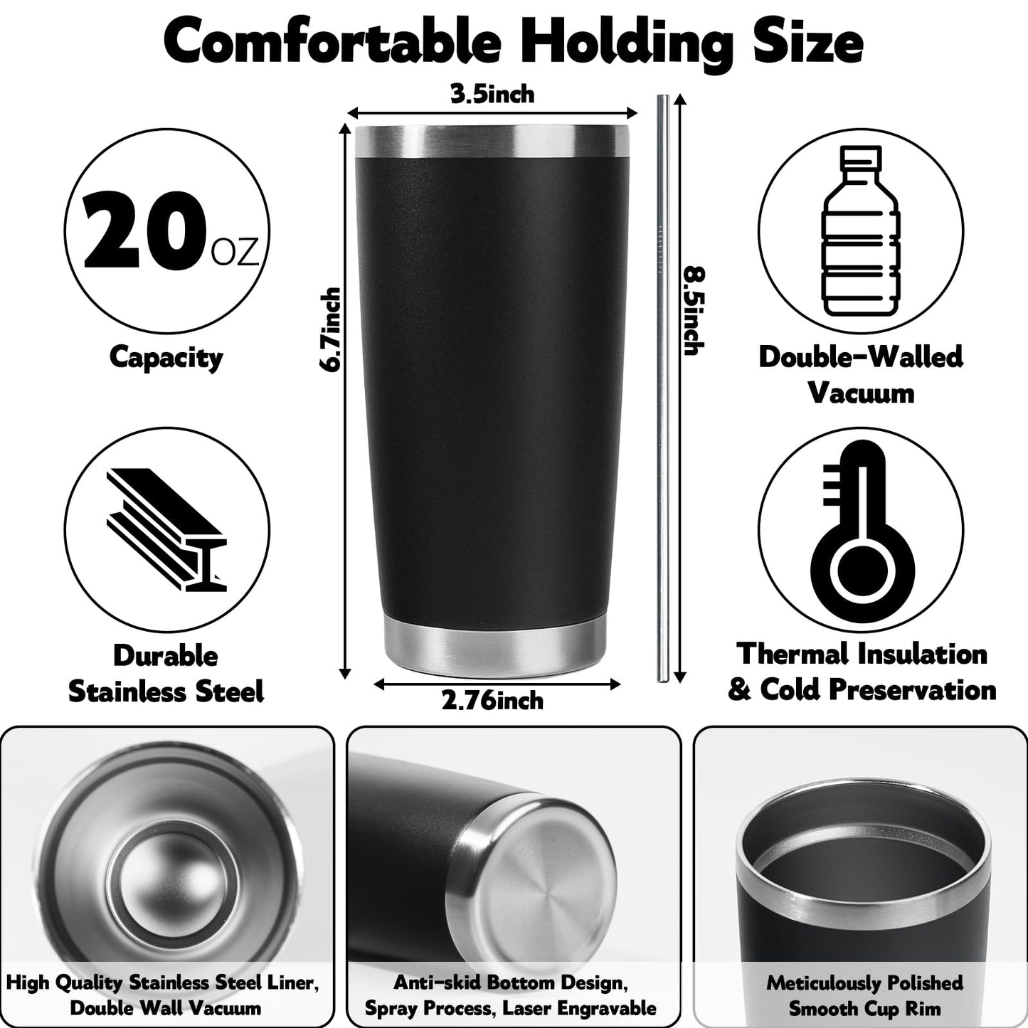 KDJFIIH 24 Pack Black 20oz Stainless Steel Tumblers with Lids & Straws, Double Wall Vacuum Insulated Leakproof Travel Mug for Hot/Cold Drinks, Powder Coated Bulk Cups for Wedding Party Office Gift
