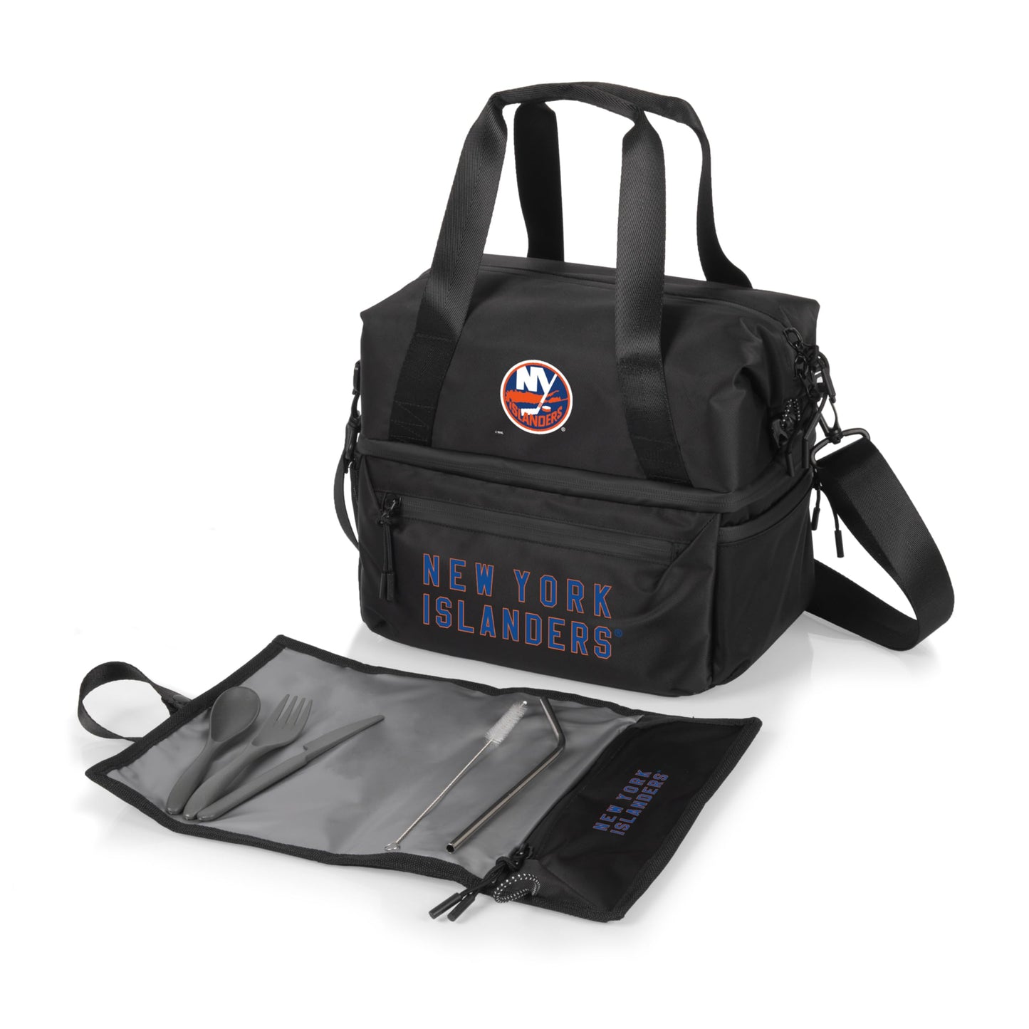 PICNIC TIME NHL New York Islanders Tarana Lunch Bag Cooler with Utensils Made from Recycled Material, Lunch Box with Picnic Set, Upcycled Lunch Cooler Bag, (Carbon Black)