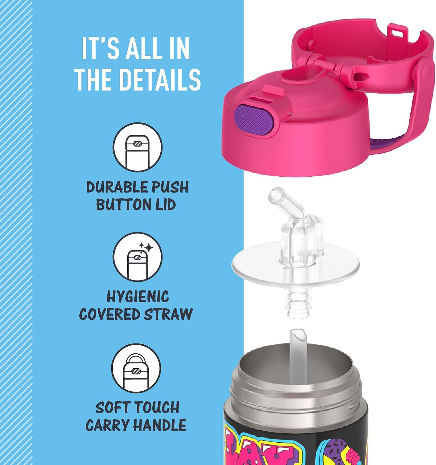 THERMOS FUNTAINER 12 Ounce Stainless Steel Kids Straw Bottle - Vacuum Insulated, Durable Design