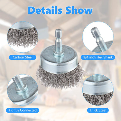 Rocaris 10-Pack Carbon Steel Wire Wheel, Cup, Pen Brush Set with 1/4-Inch Hex Shank for Rust Removal, Corrosion and Scrubbing Surfaces