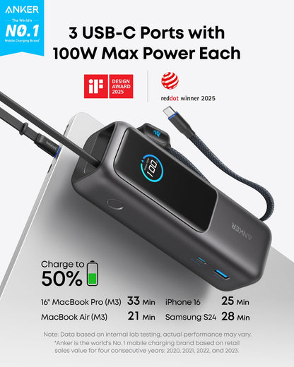 Anker Laptop Power Bank,25,000mAh Portable Charger with 165W Total Output,3 USB-C Ports (100W Max Each),Built-in Retractable Cables,Flight-Ready,for iPhone 17/16 Series,MacBook,Samsung,and More