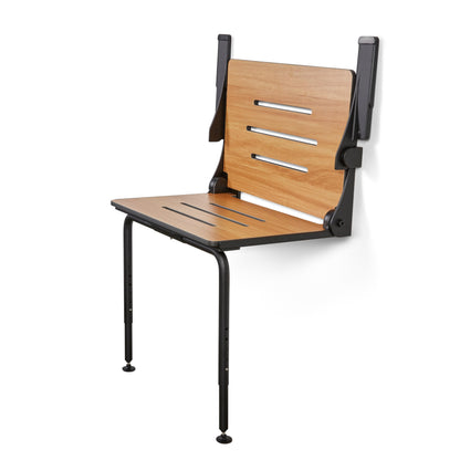 Silhouette Comfort Plus Heavy Duty Folding Wall Mount Shower Bench Seat, Teak Seat with Black Frame