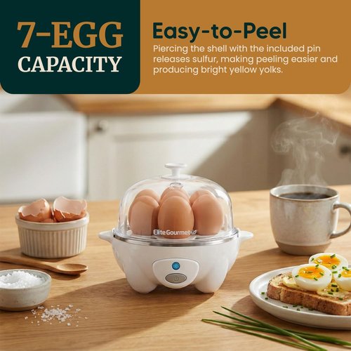 Elite Gourmet Rapid Egg Cooker - Perfectly Cook 7 Hard, Medium, Soft Boiled Eggs | Auto Shut-Off & Recipe Booklet, White