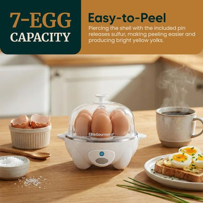 Elite Gourmet Rapid Egg Cooker - Perfectly Cook 7 Hard, Medium, Soft Boiled Eggs | Auto Shut-Off & Recipe Booklet, White