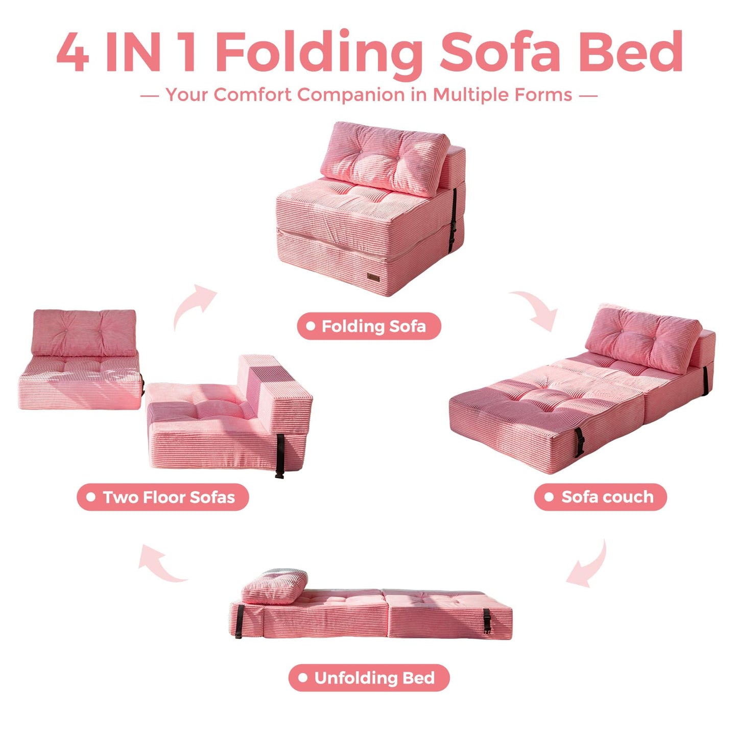 MAXYOYO Folding Sofa Bed, Convertible Sofa Bed with High-Density Support Foam, Portable 4 in 1 Fold Out Chair to Floor Lounger, Versatile Floor Couch for Living Room Bedroom, Pink
