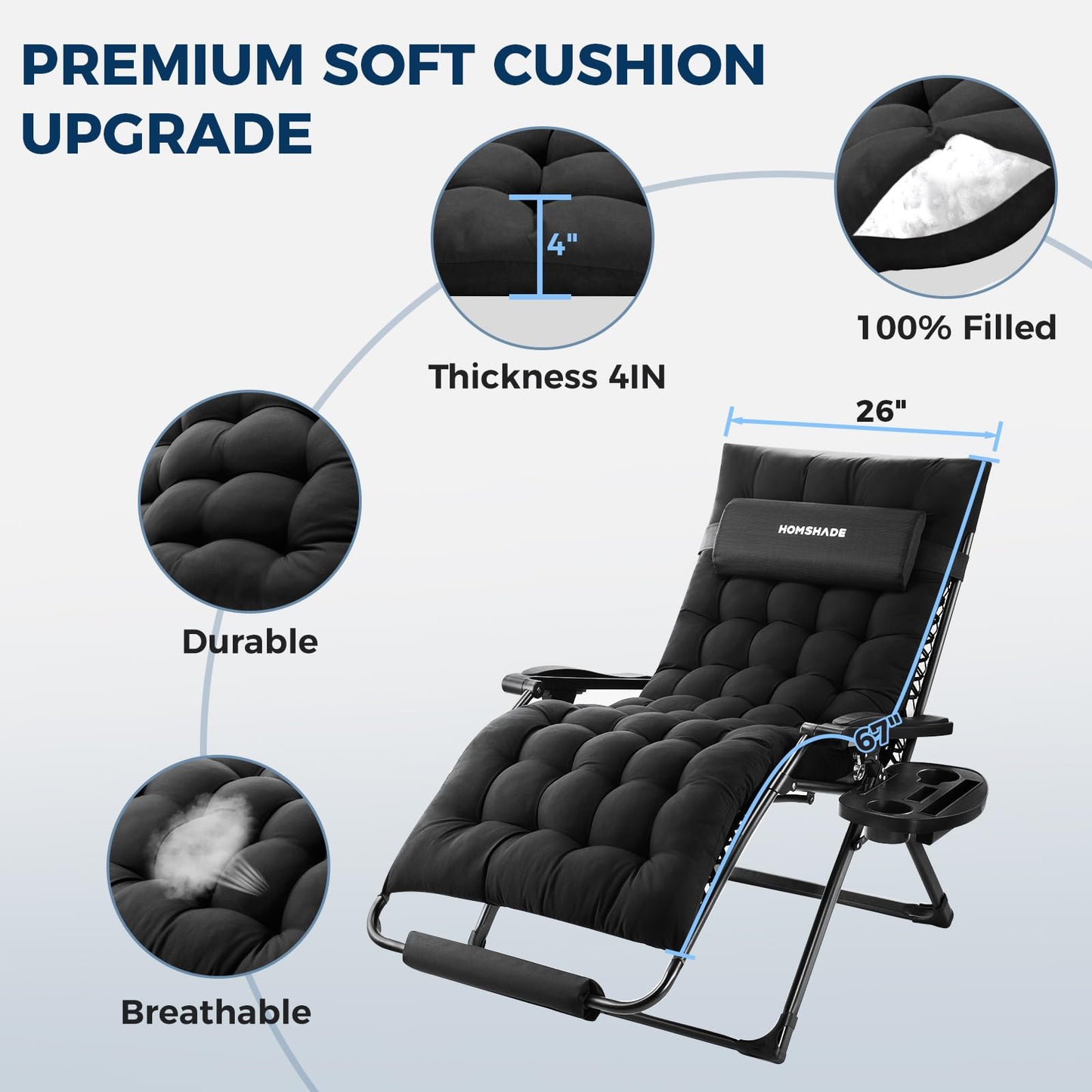 HOMSHADE Oversized Zero Gravity Chair, 33In XXL Outdoor Recliner Chair w/Removable Cushion&Headrest, Reclining Patio Chairs for Indoor, Camping Lounge Chair with Footrest, Support 500LBS, Black