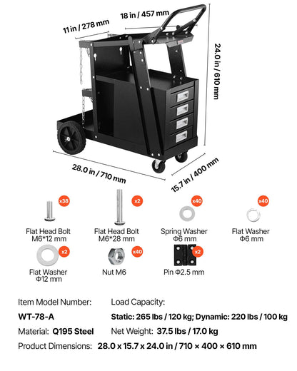 VEVOR Welding Cart, 2-Tier 4 Drawers Welder Cart with 265 LBS Weight Capacity, 360° Swivel Wheels, Tank Storage Safety Chains, Heavy Duty Rolling MIG Welder Cart for Mig Welder and Plasma Cutter