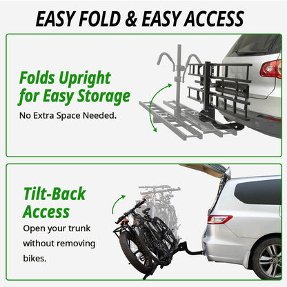 Bike Rack Hitch Mount with Ramp for 2 Bikes – Platform Ebike Rack with Anti-Theft Lock Fits Fat Tires up to 220 lbs – Foldable & Tilt Electric Bike Rack for SUV, Truck, RV – 2'' Hitch Receiver