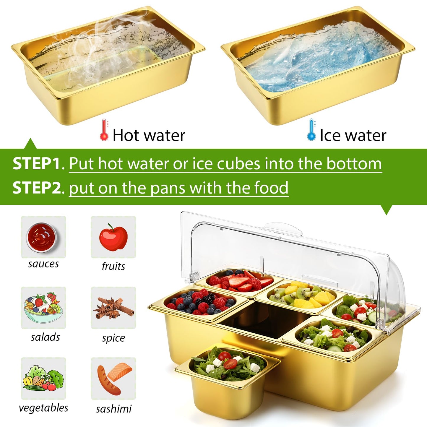 Ziliny Countertop Food Serving Display Container Clear Roll Top Cover 6 Pan Stainless Steel Ice Food Buffet Server Salad Bar Pizza Topping Station Condiment Dispenser Restaurant Kitchen Party(Gold)
