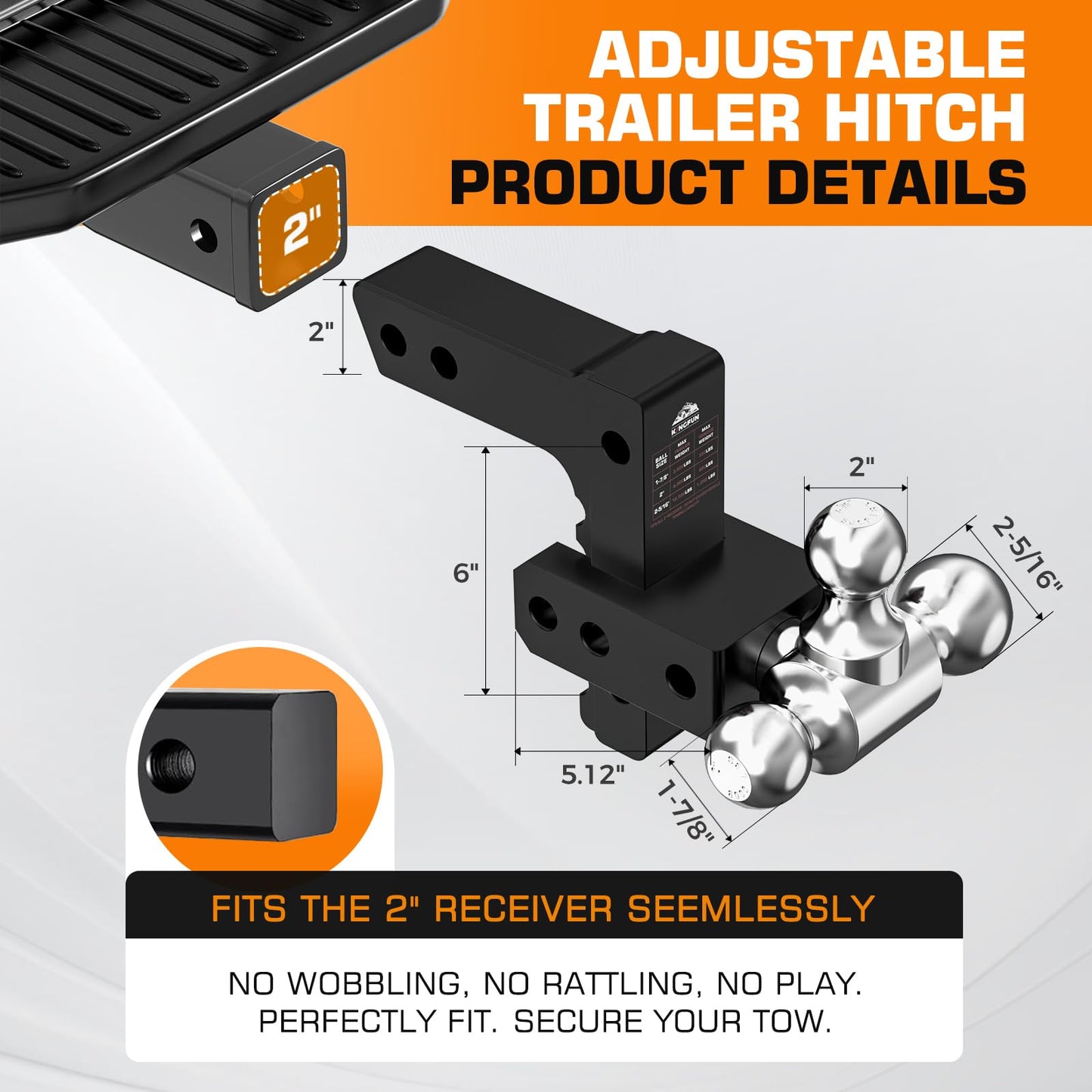 Kingfun Adjustable Trailer Hitch - Drop Hitch Fits 2 Inch Receiver, Tri Ball (1-7/8", 2", 2-5/16") 6 Inch Drop/Rise, 12500 LBS GTW Aluminum Heavy Duty Tow Hitch with Anti-Theft Pin - (Black)
