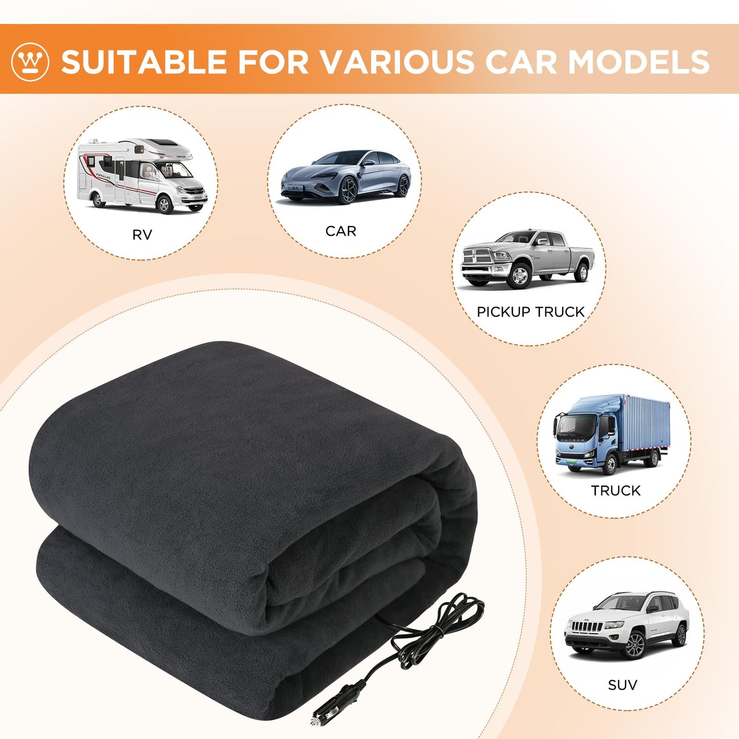 Westinghouse Heated Car Blanket, 12-Volt Electric Blanket for Car, Truck, SUV, RV, Portable Heated Throw for Camping, Grey Buffalo Plaid, 59" x 43”