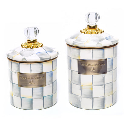 MACKENZIE-CHILDS Medium Enamel Canister Bundle with Small Enamel Canister, 48- and 38-Ounce Kitchen Containers, Gray-and-White Sterling Check