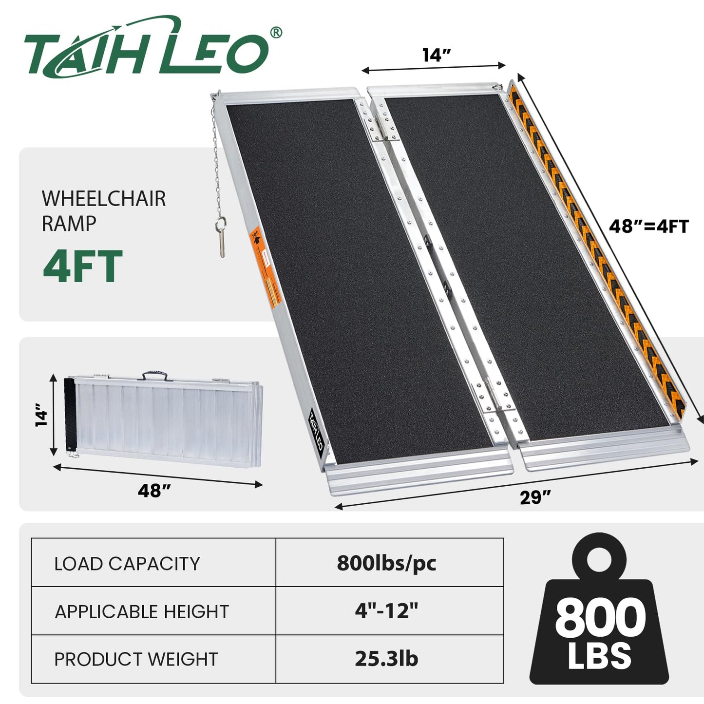 TaiH Leo 4 Feet Portable Wheelchair Ramp, Lightweight Aluminum Folding Handicap Ramp with Handle, Non-Slip Door Threshold Wheelchair Ramps for Home, Wheel Chair Ramp for Home Steps, Stairs, Doorways