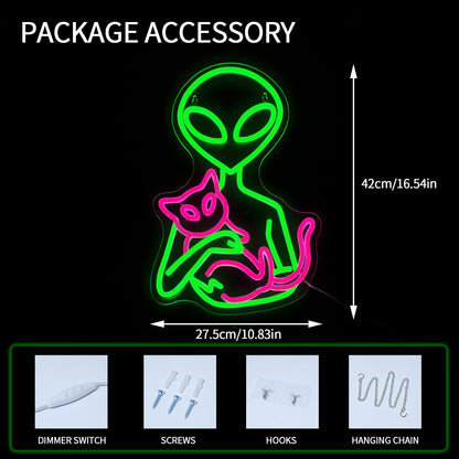 Alien Neon Sign for Wall Decor Dimmable Aliens Cat Led Lights Signs for Bedroom Green Neon Light for Game Room Man Cave Bedroom Party Decoration Gift for Kids Boys