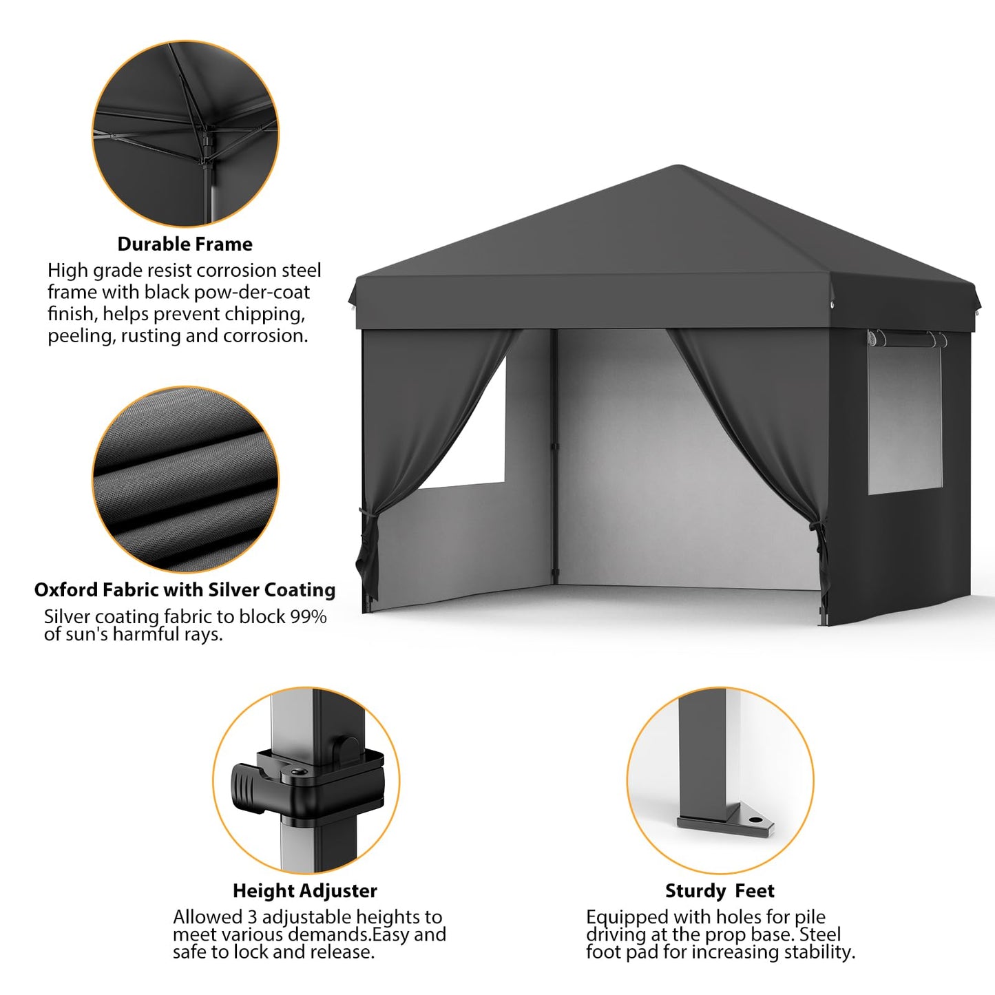 GarveeTech 10x10 Pop Up Canopy with 4 Removable Sidewalls and Windows, 3 Adjustable Heights Commercial Shelter, Portable Enclosed Instant Tent with Wheeled Carry Bag, Waterproof Outdoor Gazebo, Black