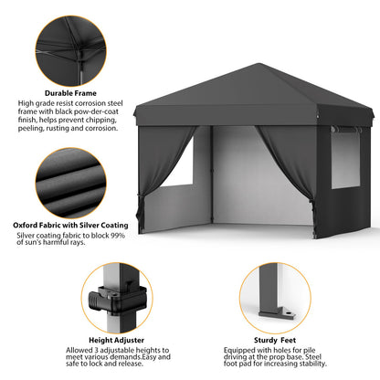 GarveeTech 10x10 Pop Up Canopy with 4 Removable Sidewalls and Windows, 3 Adjustable Heights Commercial Shelter, Portable Enclosed Instant Tent with Wheeled Carry Bag, Waterproof Outdoor Gazebo, Black