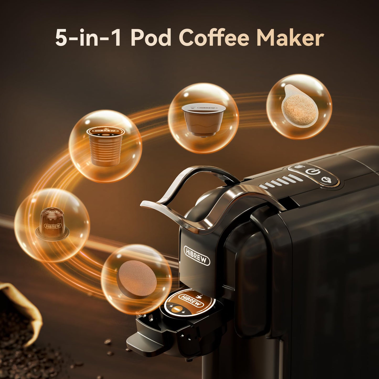 HIBREW H2B 5-in-1 Pod Coffee Maker - Compatible With 4 Coffee Capsule as Well as Espresso Powder, Makes Iced Coffee, Espresso, Cappuccino, Long Black. Hotel Kitchen Coffee Machine