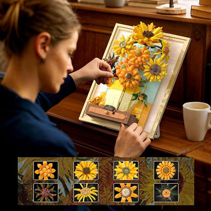 Building Block Sets Van Gogh Sunflower Painting Building Toys with Sensor Light 1166 Pcs 3D Framed Wall Art for Adults DIY Model Kit for Home Office Decor Gift for Women &amp Art Lovers