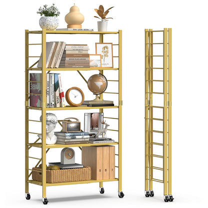 5 Tier Foldable Storage Shelves, Expandable Folding Shelving Units with Wheels, Changeable into 2 Shelf Units, Collapsible Adjustable Storage Rack Metal Shelves for Storage, Pantry, Garage, Gold