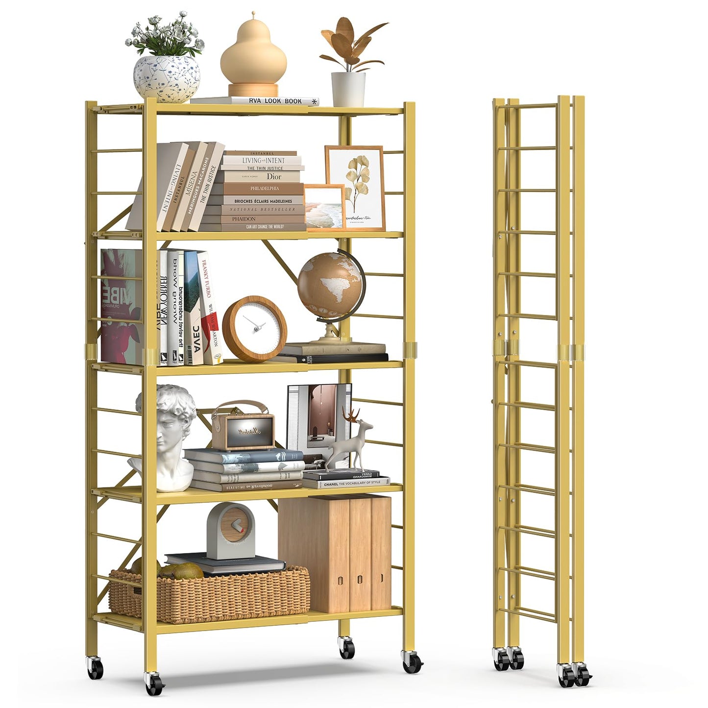 5 Tier Foldable Storage Shelves, Expandable Folding Shelving Units with Wheels, Changeable into 2 Shelf Units, Collapsible Adjustable Storage Rack Metal Shelves for Storage, Pantry, Garage, Gold