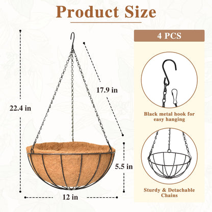 4 Pack Hanging Planter for Outdoor Plants 12 inch Metal Hanging Flower Basket with Coco Coir Liner Round Wire Plant Holder Chain Flower Pots Outdoor Garden Decoration Watering Hanging Baskets(XG)