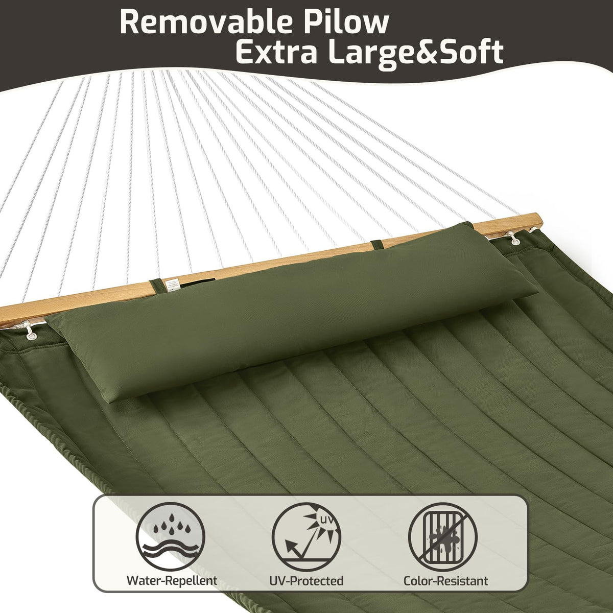 CHULIM Double Quilted Fabric Hammock with Hardwood Spreader Bars and Pillow 450 LBS Capacity 2 Person Large Hammock for Outdoor Patio Backyard Poolside - Green