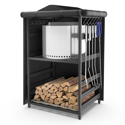 Bknius Storage Station for Solo Stove Bonfire 2.0, Yukon, Ranger, Storage for Fire Pit Tools and Accessories, Firewood Rack Outdoor with Waterproof Cover, Iron Black