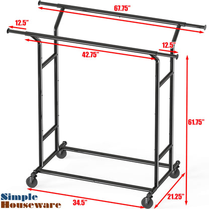 Simple Houseware Heavy Duty Double Rail Clothing Garment Rack, Holds Up to 200 lbs, 43 to 67 Inches Extendable Rod, Black