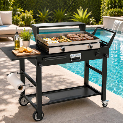 Grill Cart for Blackstone 17 and 22 Inch Griddle – 31.5" Tall Outdoor Griddle Table with Wheels, BBQ Prep Station with Side Shelf, Bar Top Shelf and Lower Storage, Foldable, Pizza Oven Compatible