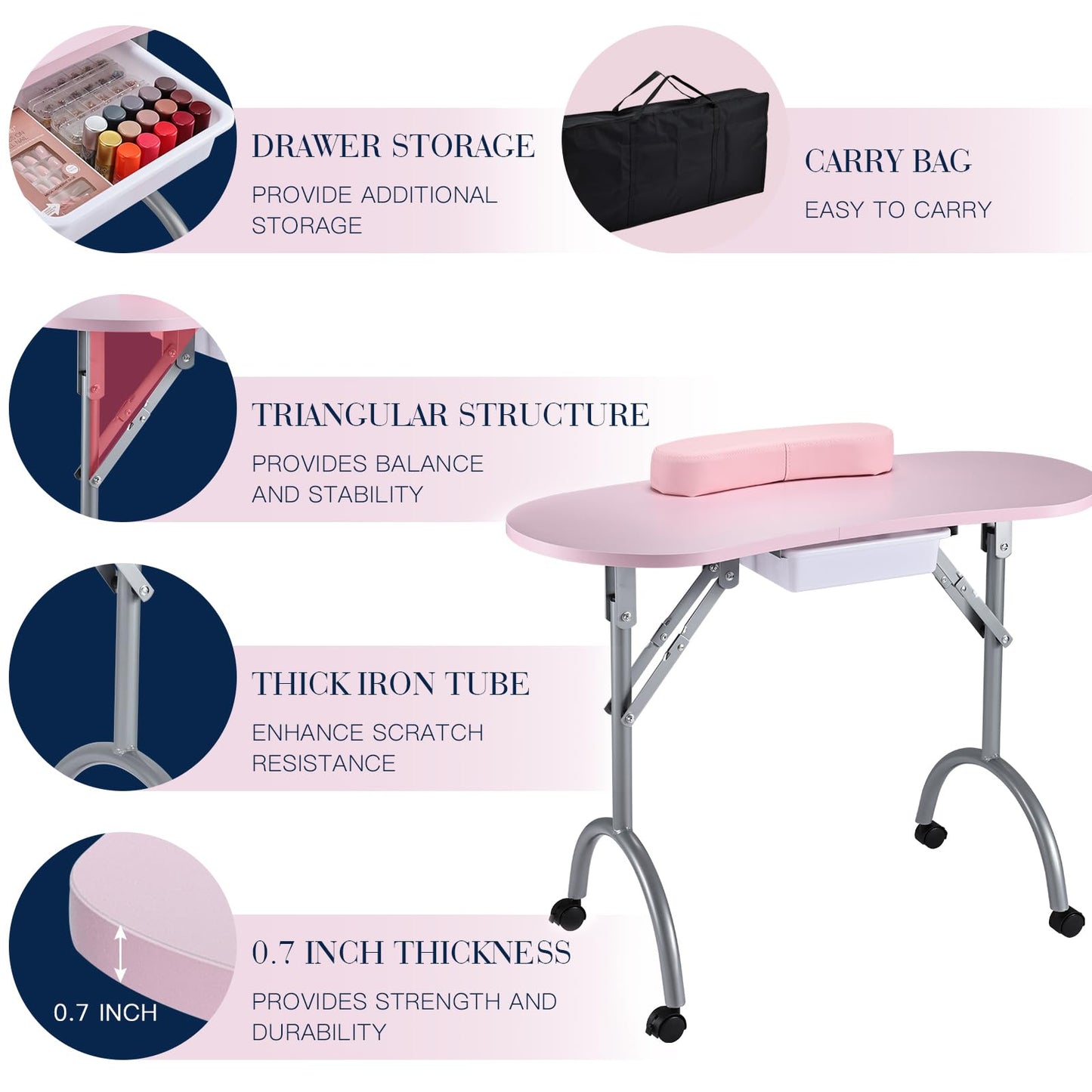 Joligrace Professional Foldable & Portable Manicure Table Nail Technician Desk Workstation 4 Lockable Wheels with Drawer Client Wrist Pad Free Carrying Bag Travel Nail Tech Spa Beauty Table Pink