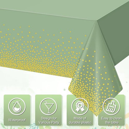 FunnyPars 3 Pack Sage Green and Gold Plastic Tablecloth, Green Disposable Table Cloth for Rectangle Tables, Gold Dot Light Green Tablecloth for Baby Shower Birthday Wedding Party Decorations, 54"x108"