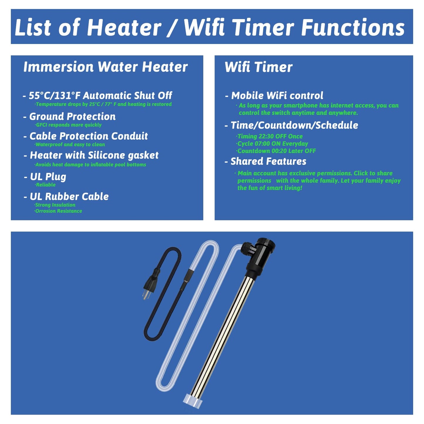 XCLBTFDC 1500W Submersible Water Heater Portable Electric Pool and Hot Tub Immersion Water Heater with Temp Control, WiFi Timer for Bathtub, Spa, Swimming pool, above ground pool and Inflatable Pool