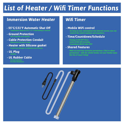 XCLBTFDC 1500W Submersible Water Heater Portable Electric Pool and Hot Tub Immersion Water Heater with Temp Control, WiFi Timer for Bathtub, Spa, Swimming pool, above ground pool and Inflatable Pool