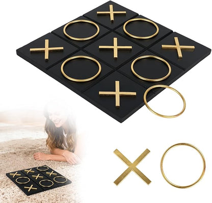 Tic Tac Toe Decor 10 x 10 Inch Wooden Black Wood Board with Gold/Silver X and O Pieces Modern Minimalist Coffee Table Decor for Living Room Office and Bookshelf Display (Gold)