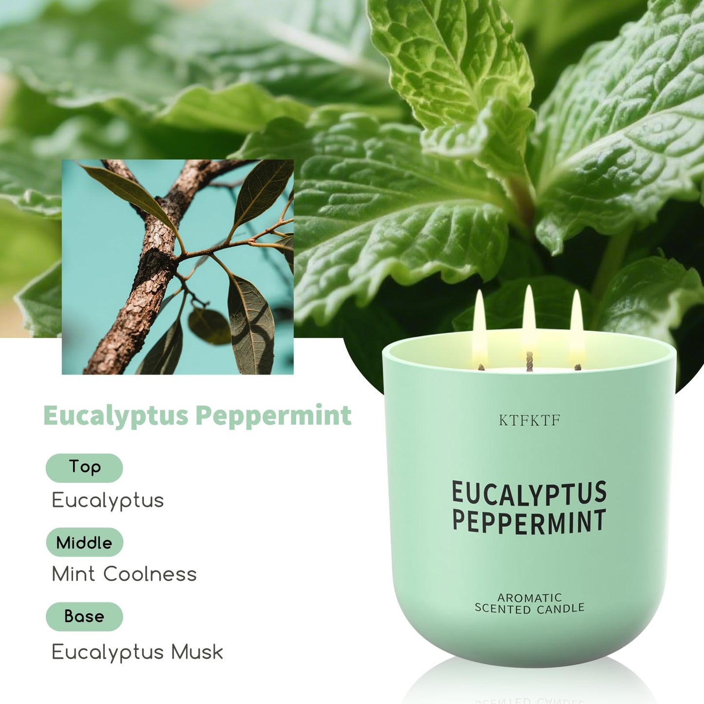 KTFKTF Eucalyptus Peppermint Scented Candle for Home, 14.1oz 80 Hours Long Lasting Aromatherapy Candles for Stress Relief & Energy, Non-Toxic Essential Oil & Soy Wax | Cooling Mint & Woody Aroma